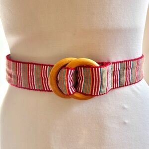 Vintage 1970s Woven Striped Belt with Wooden Rings Boho Hippie Mod Accessory
